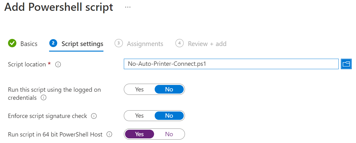 Adding and assigning PowerShell script to disable Connect Printer Automatically in Intune